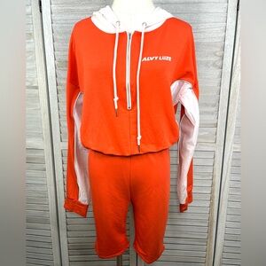 ALVY LUXE Romper Hooded Shortie Long Sleeve Orange/White-Large